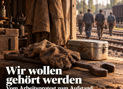 Wir wollen gehört werden – niedergelegtes Werkzeug als KI-Symbolmotiv für den Arbeitsprotest 1953. Keine historische Aufnahme und keine Abbildung Karl-Heinz Pahlings.