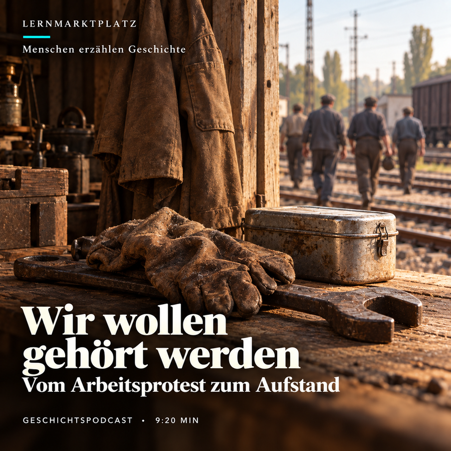 Wir wollen gehört werden – niedergelegtes Werkzeug als KI-Symbolmotiv für den Arbeitsprotest 1953. Keine historische Aufnahme und keine Abbildung Karl-Heinz Pahlings.