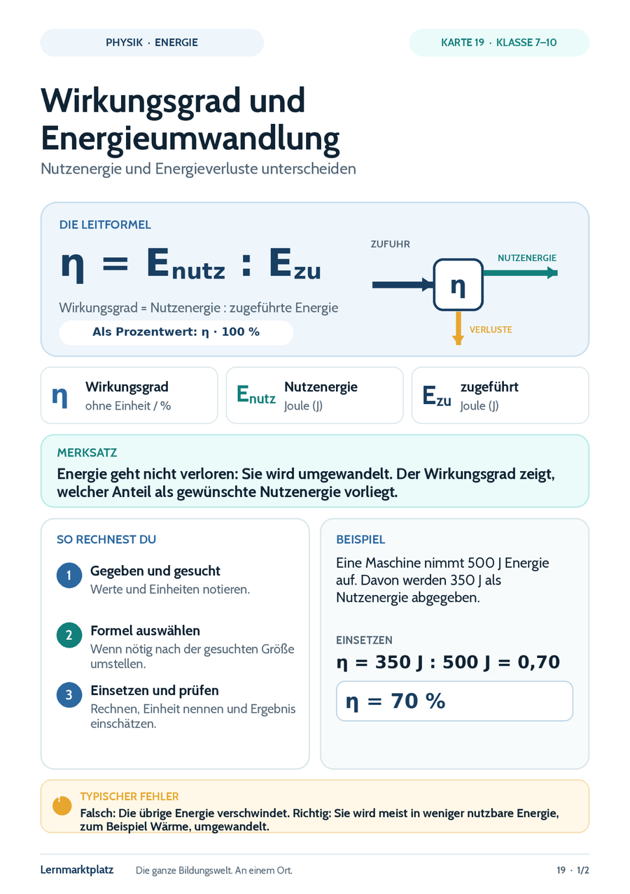 Wirkungsgrad und Energieumwandlung – Physik-Lernkarte (kostenloses PDF)
