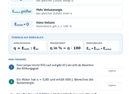 Wirkungsgrad und Energieumwandlung – Physik-Lernkarte (kostenloses PDF)
