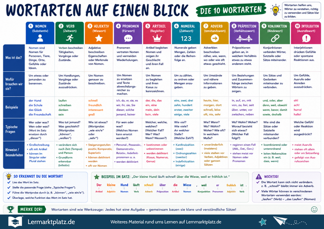 Wortarten auf einen Blick – Nomen, Verben, Adjektive & Co. – Lernposter / Lernplakat als PDF