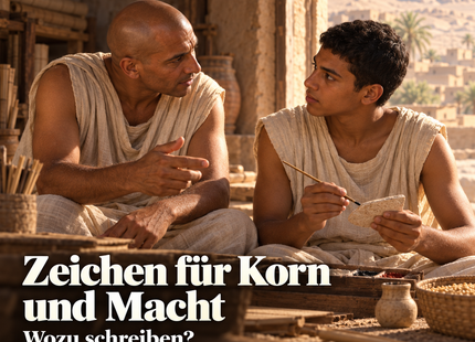 KI-Illustration: der erfundene angehende Schreiber Hori und sein Lehrer um 1200 v. Chr.; Zeichen für Korn und Macht – Wozu schreiben? Geschichtspodcast, 8:36 Minuten.