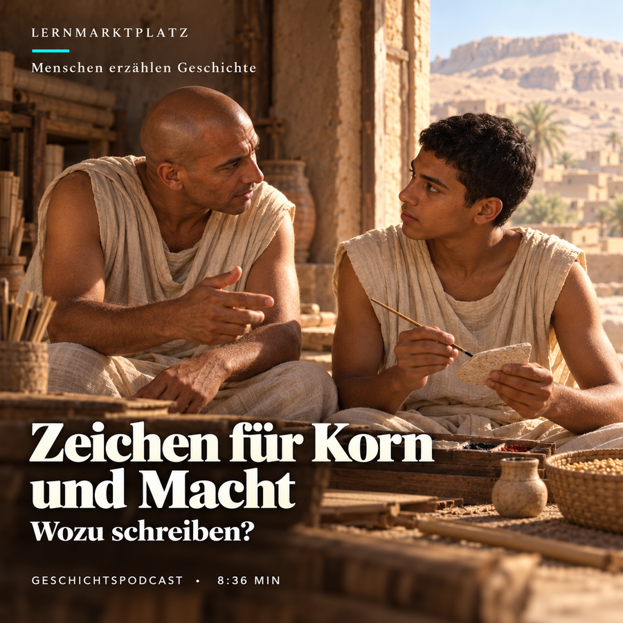 KI-Illustration: der erfundene angehende Schreiber Hori und sein Lehrer um 1200 v. Chr.; Zeichen für Korn und Macht – Wozu schreiben? Geschichtspodcast, 8:36 Minuten.