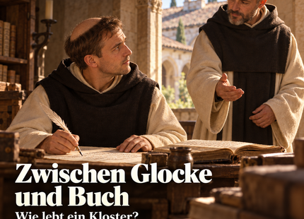 Zwischen Glocke und Buch – KI-Illustration des erfundenen Bruder Jakob und eines weiteren Mönchs bei der Schreibarbeit; keine genaue Rekonstruktion Maulbronns oder eines Originalmanuskripts.