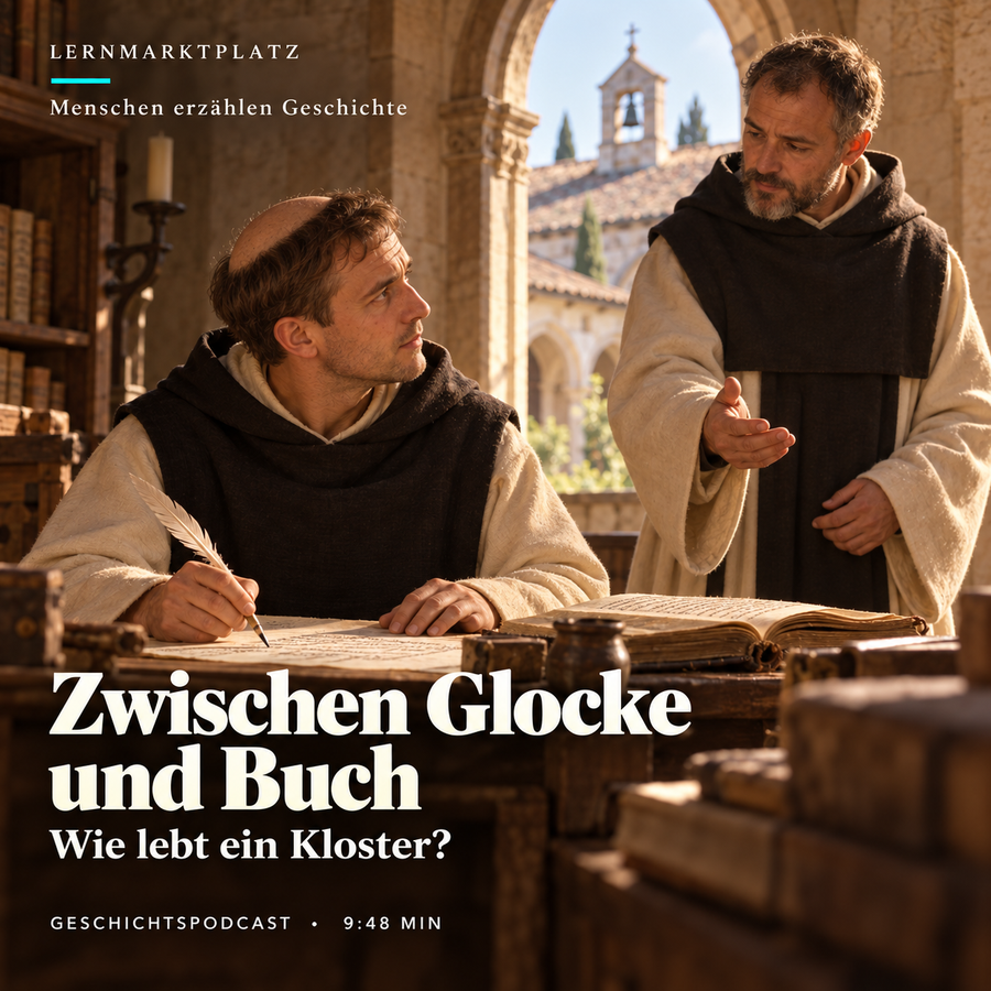 Zwischen Glocke und Buch – KI-Illustration des erfundenen Bruder Jakob und eines weiteren Mönchs bei der Schreibarbeit; keine genaue Rekonstruktion Maulbronns oder eines Originalmanuskripts.
