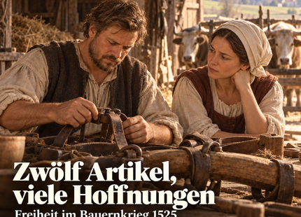 KI-Illustration: Hans und seine Frau mit einem Zuggeschirr, Oberschwaben 1525. Zwölf Artikel, viele Hoffnungen – Geschichtspodcast, 9:02 Minuten. Figuren und Szene erfunden.