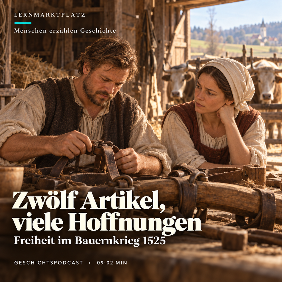 KI-Illustration: Hans und seine Frau mit einem Zuggeschirr, Oberschwaben 1525. Zwölf Artikel, viele Hoffnungen – Geschichtspodcast, 9:02 Minuten. Figuren und Szene erfunden.