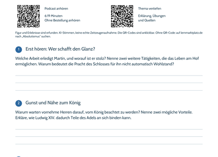 Hörarbeitsblatt Absolutismus mit Titelbild und QR-Codes
