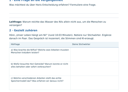 Originales Einstiegs- und Hörarbeitsblatt zu Wasser, Arbeit und Vorräten am Nil