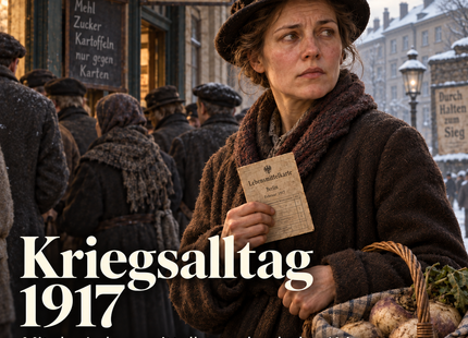 Kriegsalltag 1917 – Menschen erzählen Geschichte. KI-generierte historische Illustration.