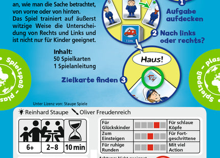 AMIGO Rinks & Lechts – Schachtelrückseite mit Inhalt und Spielübersicht
