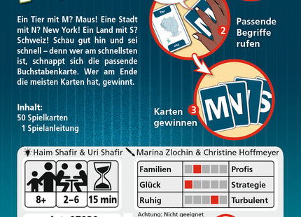 AMIGO Schnapp, Land, Fluss! – Schachtelrückseite mit Inhalt und Spielübersicht