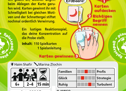 AMIGO Schnattergei – Schachtelrückseite mit Inhalt und Spielübersicht