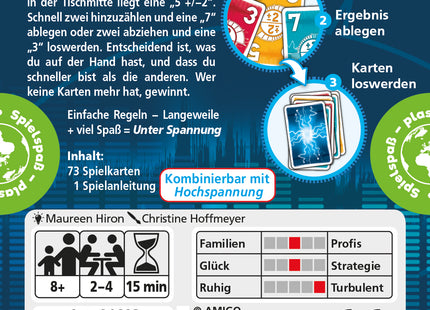 AMIGO Unter Spannung – Schachtelrückseite mit Inhalt und Spielübersicht