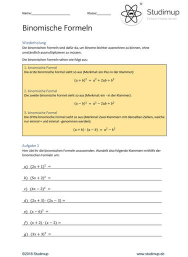 Arbeitsblatt zu binomischen Formeln (47 Aufgaben)