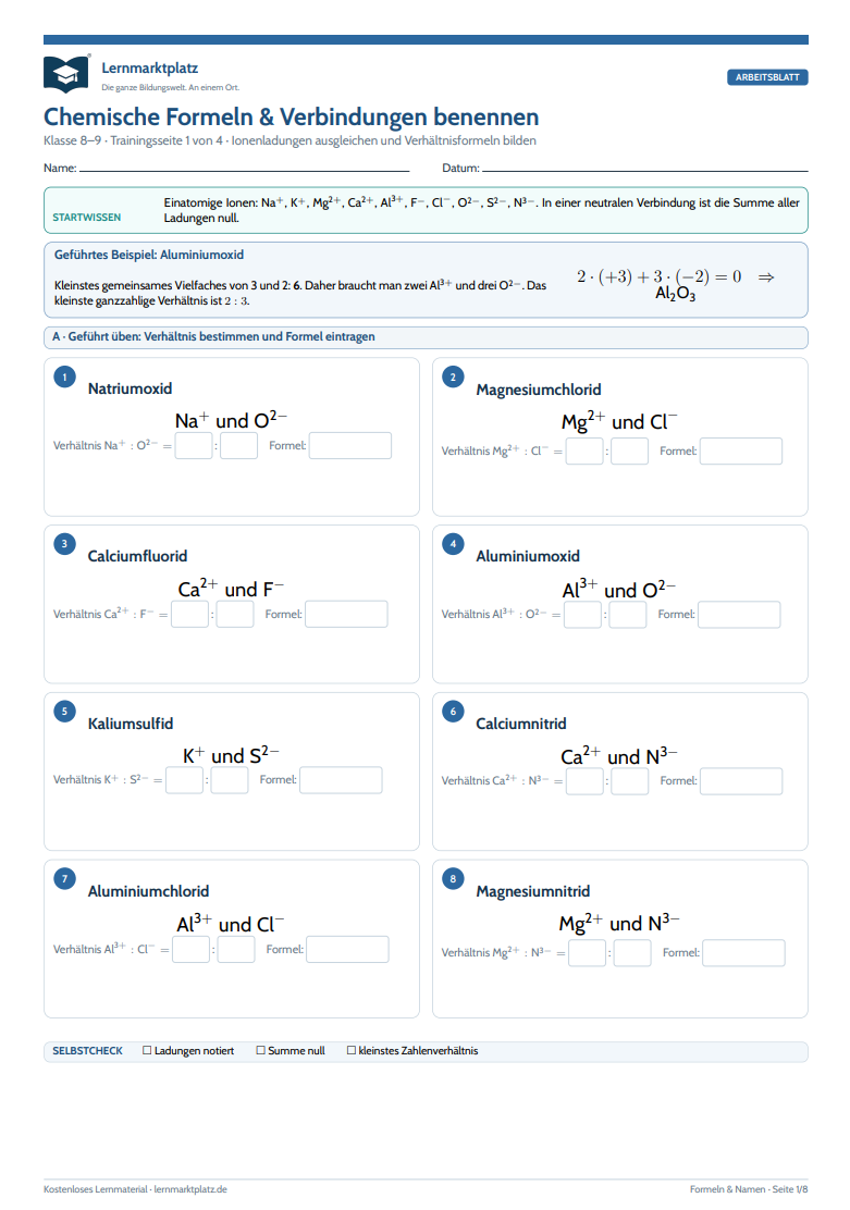 Chemische Formeln & Verbindungen benennen – kostenloses Chemie-Arbeitsblatt mit Lösungen (PDF)