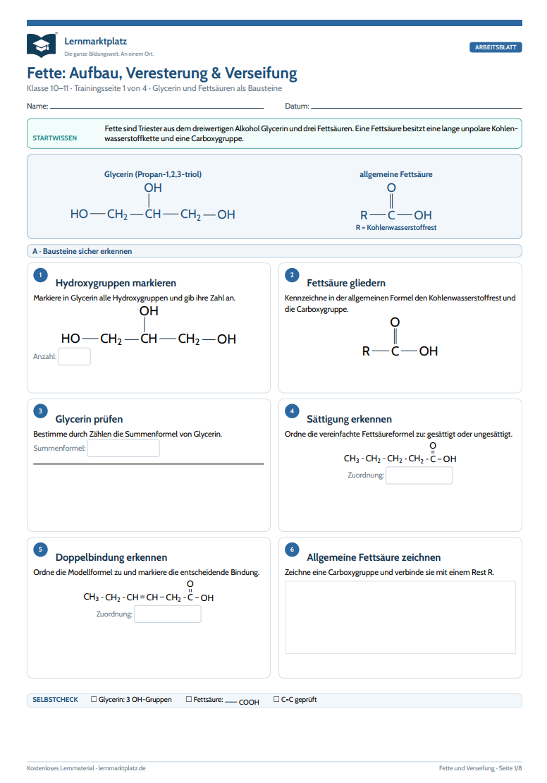 Fette: Aufbau, Veresterung & Verseifung – kostenloses Chemie-Arbeitsblatt mit Lösungen (PDF)