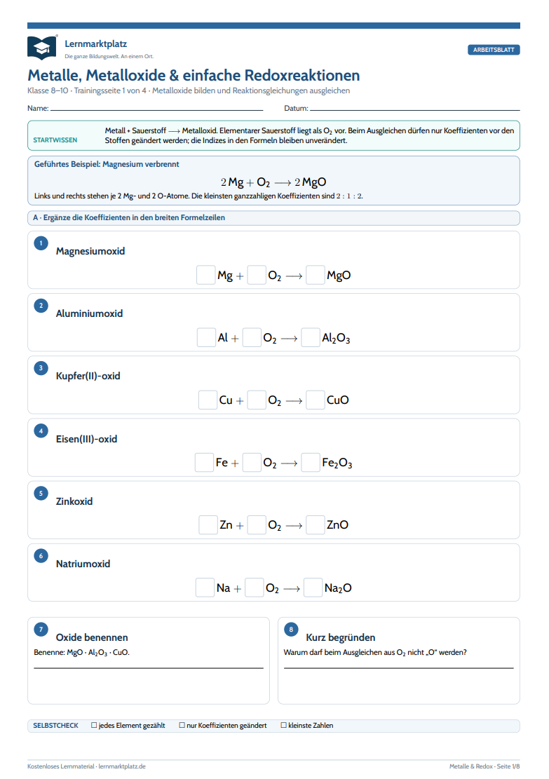 Metalle, Metalloxide & einfache Redoxreaktionen – kostenloses Chemie-Arbeitsblatt mit Lösungen (PDF)