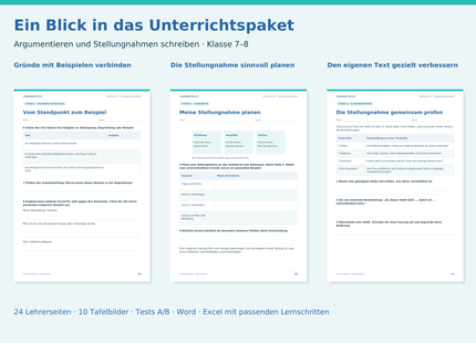 Drei Originalseiten aus dem Unterrichtspaket: Gründe mit Beispielen verbinden, eine Stellungnahme planen und den eigenen Text in der Schreibkonferenz verbessern.