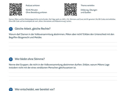 Hörarbeitsblatt Wer darf in Athen mitbestimmen? Mit Seriencover, QR-Codes und sechs Aufgaben zu Bürgerrecht, Demokratie und Quellenkritik.
