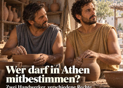 Wer darf in Athen mitbestimmen? Damon und Mikon in einer Töpferwerkstatt. KI-Illustration erfundener Figuren, keine historische Quelle.