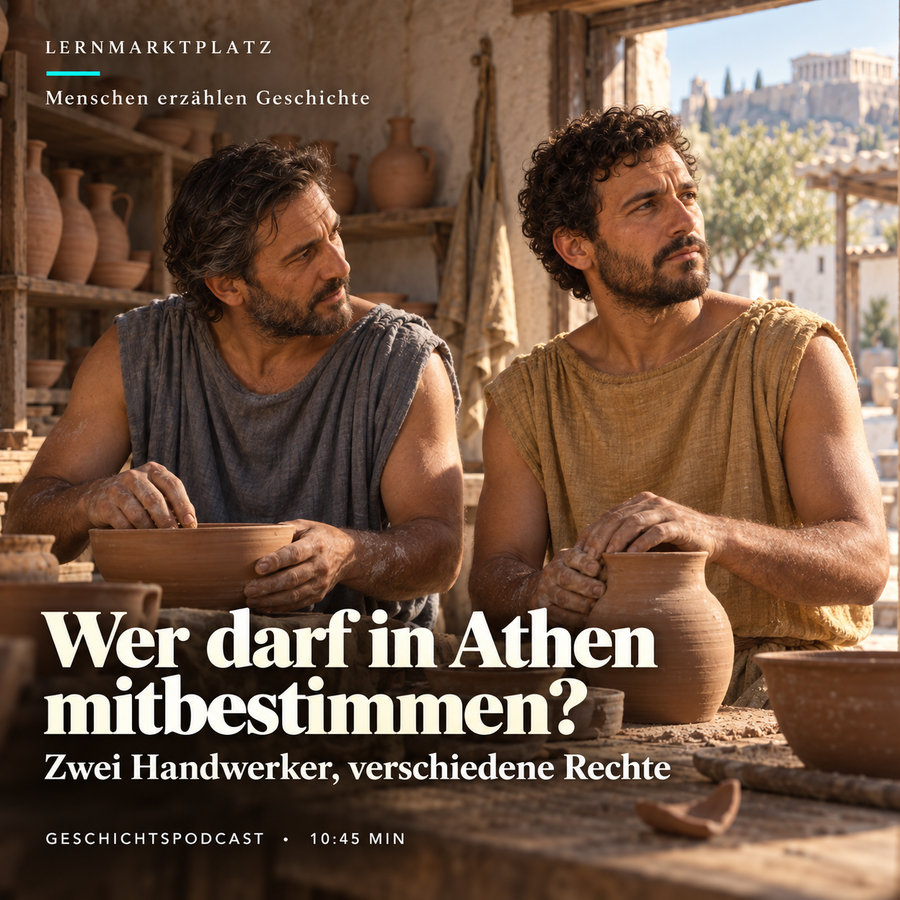 Wer darf in Athen mitbestimmen? Damon und Mikon in einer Töpferwerkstatt. KI-Illustration erfundener Figuren, keine historische Quelle.