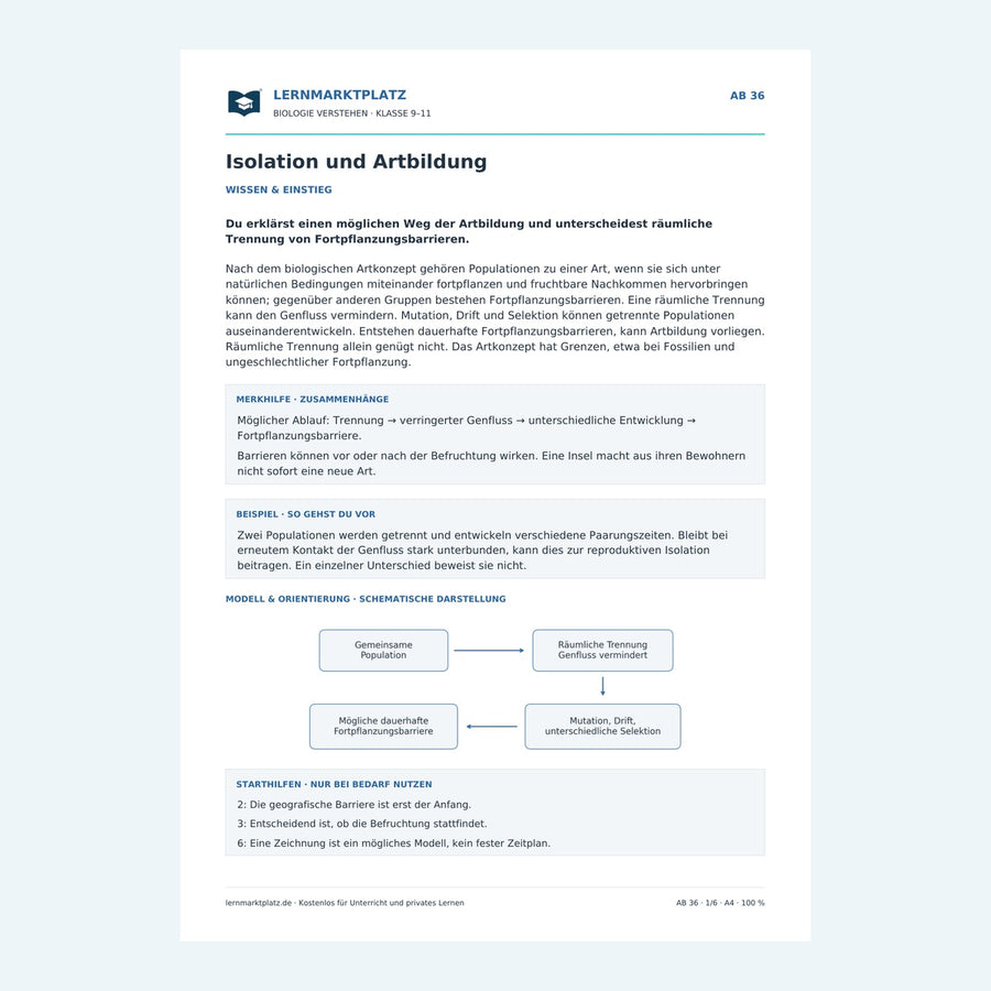 Isolation und Artbildung – Vorschau des Arbeitsblatts