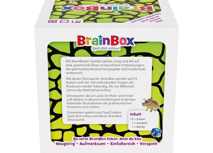 BrainBox – Dinosaurier – Schachtelrückseite mit Spielbeschreibung und Lieferumfang