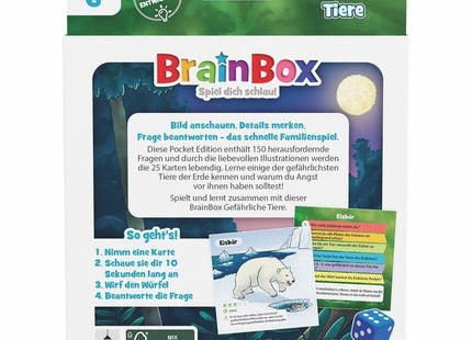 BrainBox Pocket – Gefährliche Tiere – Verpackungsrückseite mit Beispielkarte und Spielprinzip