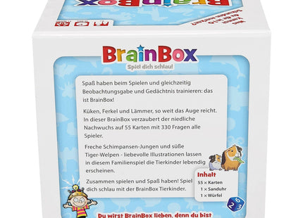 BrainBox – Tierkinder – Schachtelrückseite mit 55 Karten und 330 Fragen