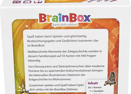 BrainBox – Zeitreise – Schachtelrückseite mit 55 Karten und 440 Fragen