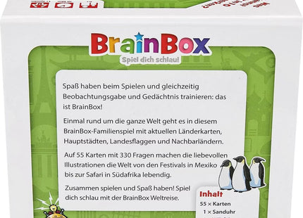 BrainBox – Weltreise – Schachtelrückseite mit Spielbeschreibung und Lieferumfang