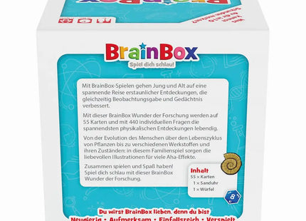 BrainBox Wunder der Forschung – Schachtelrückseite mit Themen und Lieferumfang