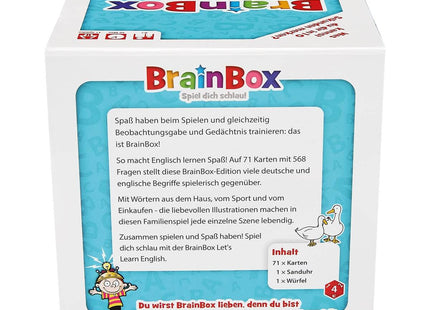 BrainBox Let's Learn English – Schachtelrückseite mit Spielbeschreibung und Lieferumfang