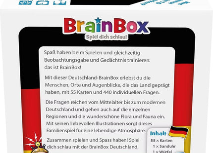 BrainBox Deutschland – Rückseite mit 55 Karten, 440 Fragen, Sanduhr und Würfel