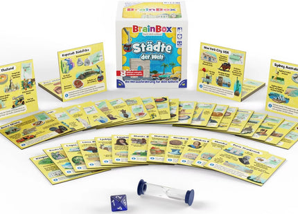 BrainBox Städte der Welt – Spielkarten, Sanduhr und Würfel im Überblick