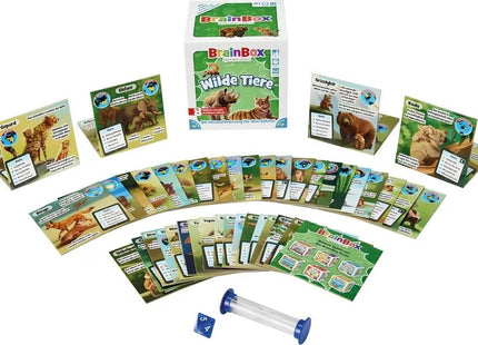 BrainBox Wilde Tiere – Illustrierte Tierkarten, Sanduhr und Würfel