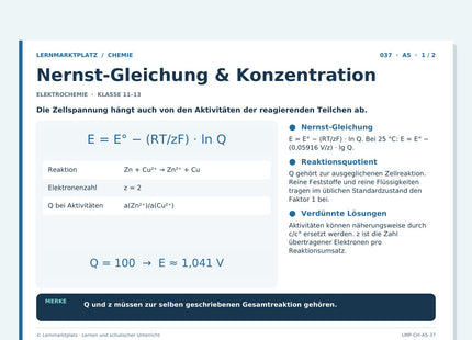 Chemie: Nernst-Gleichung & Konzentration – A5-Lernkarte mit Selbstcheck
