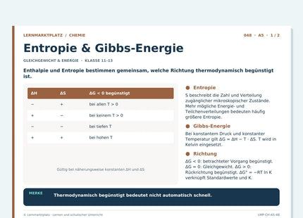 Chemie: Entropie & Gibbs-Energie – A5-Lernkarte mit Selbstcheck