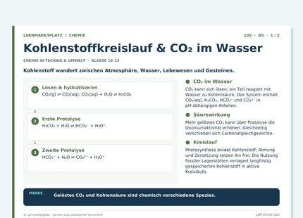 Chemie: Kohlenstoffkreislauf & CO₂ im Wasser – A5-Lernkarte mit Selbstcheck
