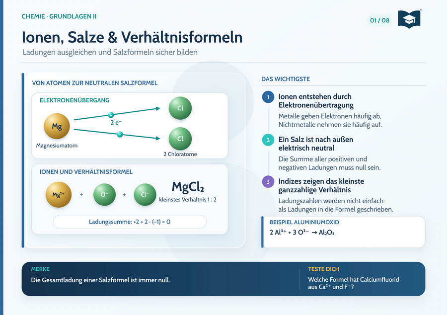 Chemie Lernkarte A5: Ionen, Salze und Verhältnisformeln