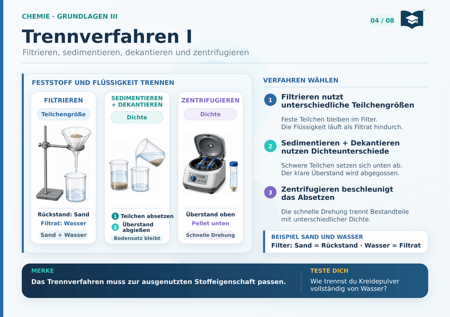 Chemie Lernkarte A5: Trennverfahren I mit Filtration, Sedimentation, Dekantieren und Zentrifugieren