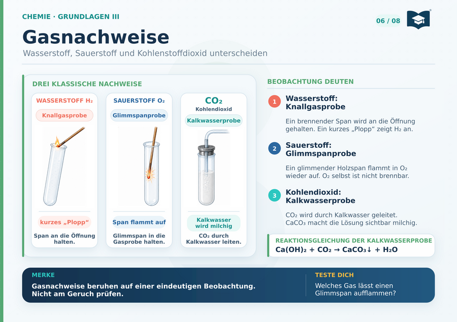 Chemie Lernkarte A5: Gasnachweise mit Knallgasprobe, Glimmspanprobe und Kalkwasserprobe