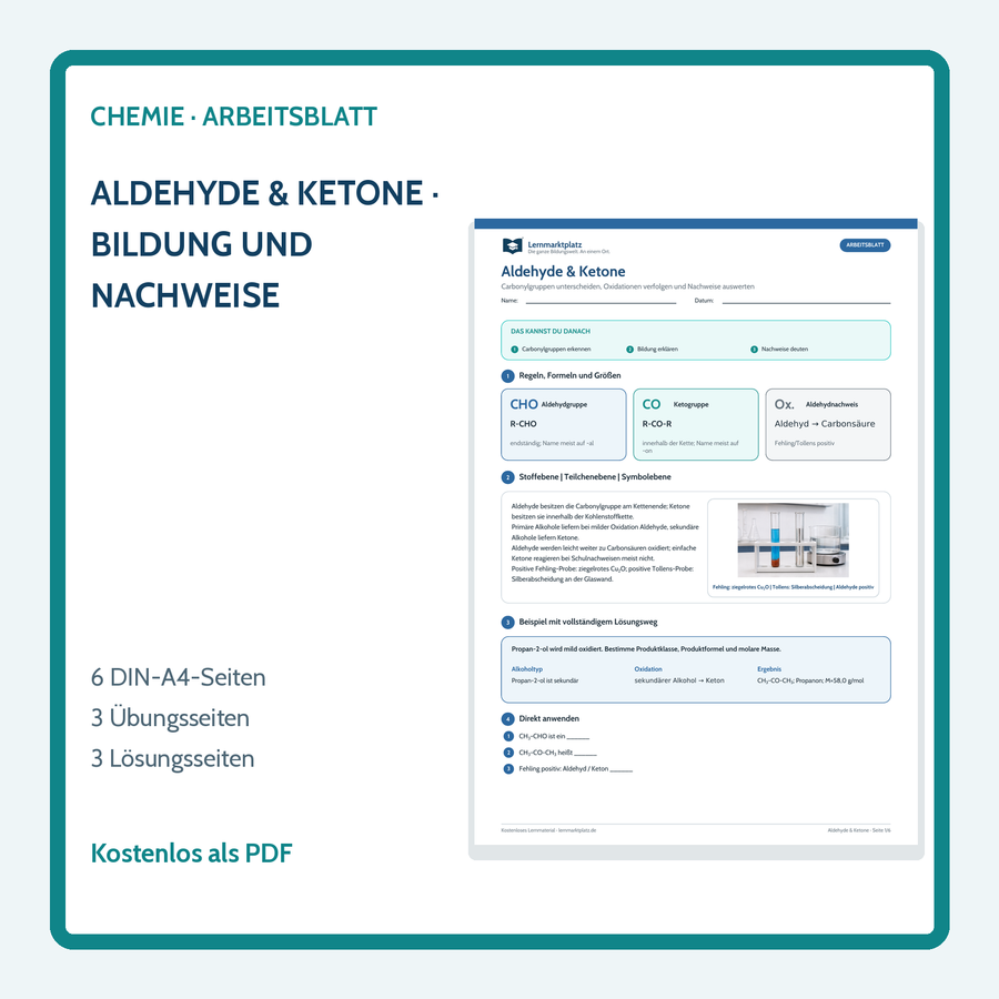 Aldehyde und Ketone: Bildung und Nachweise – Chemie-Arbeitsblatt mit Lösungen