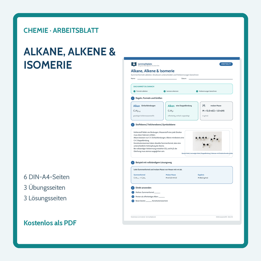 Chemie-Arbeitsblatt Alkane, Alkene und Isomerie mit Lösungen
