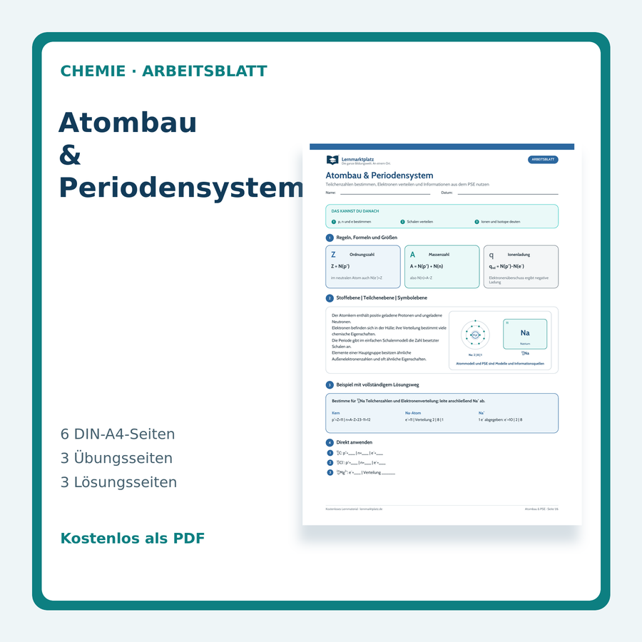 Chemie-Arbeitsblatt Atombau und Periodensystem mit Lösungen