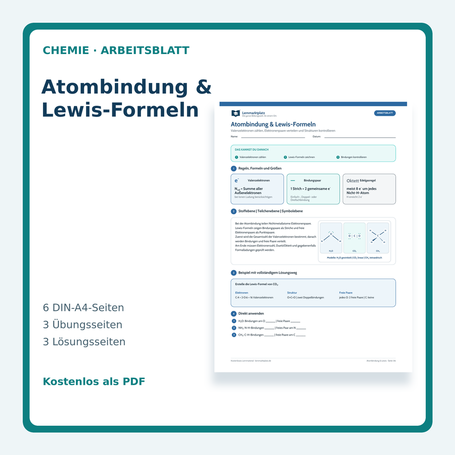 Chemie-Arbeitsblatt Atombindung und Lewis-Formeln mit Lösungen