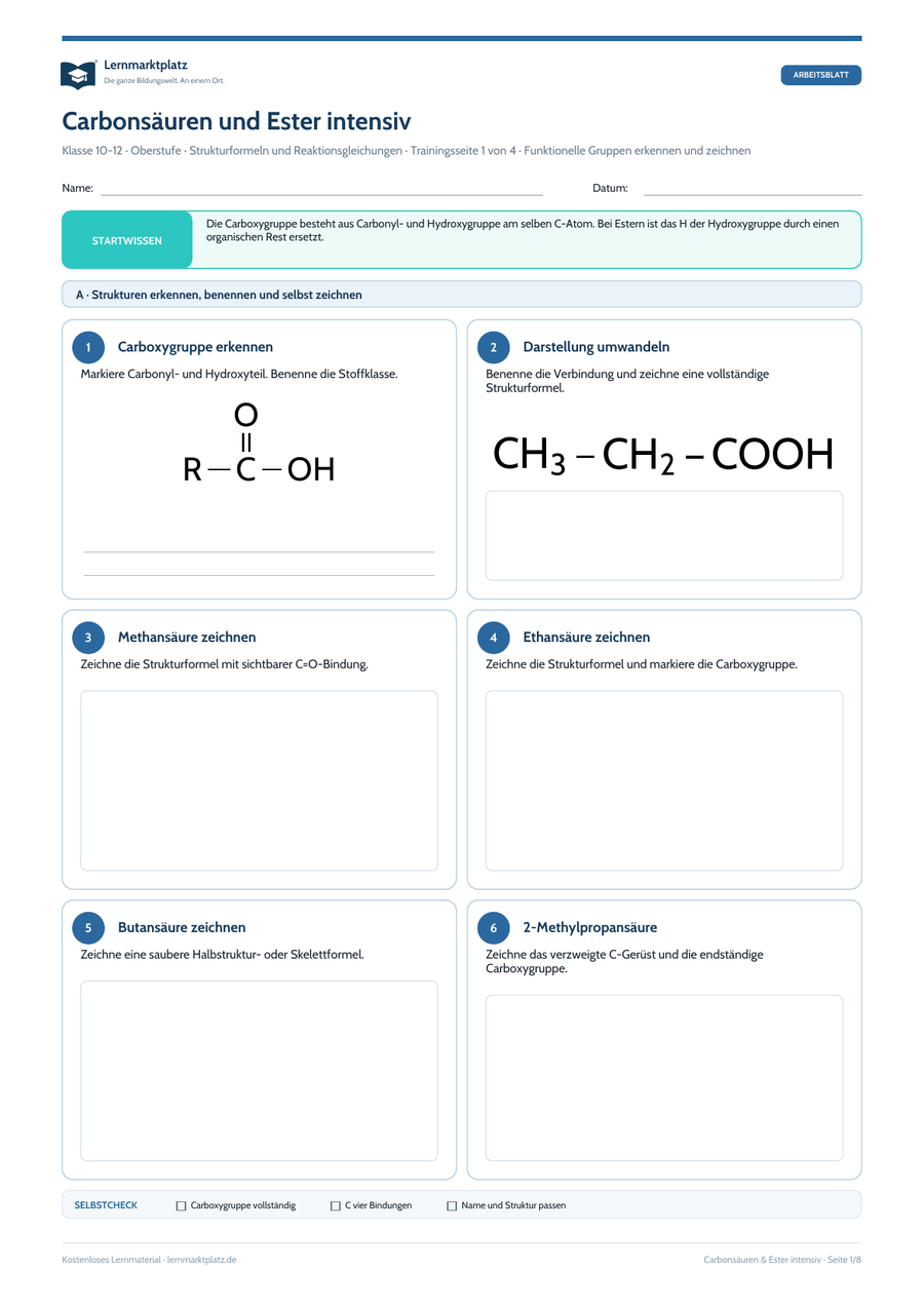 Carbonsäuren und Ester intensiv – Chemie-Arbeitsblatt mit Lösungen