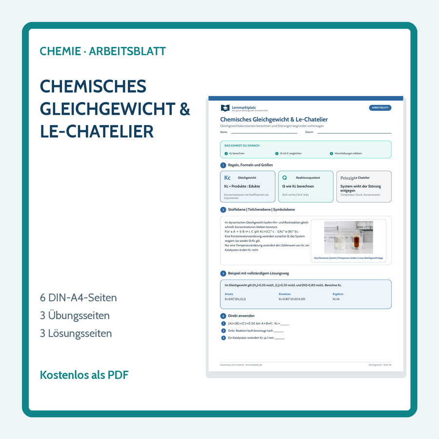 Chemie-Arbeitsblatt chemisches Gleichgewicht und Le-Chatelier mit Lösungen