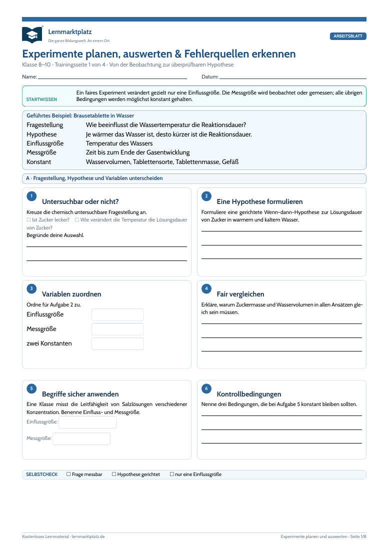 Vorschau des Chemie-Arbeitsblatts Experimente planen, auswerten und Fehlerquellen erkennen